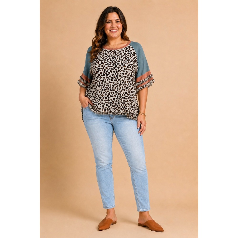 Umgee Leopard Print Ruffle Sleeve Top 2XL Boho Western Fringe Sage Green
